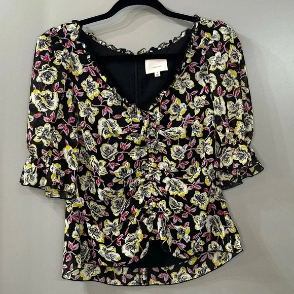 Cinq a Sept Kimberly Top Ruched Floral Print Top Black Multi Size M - Picture 2 of 8